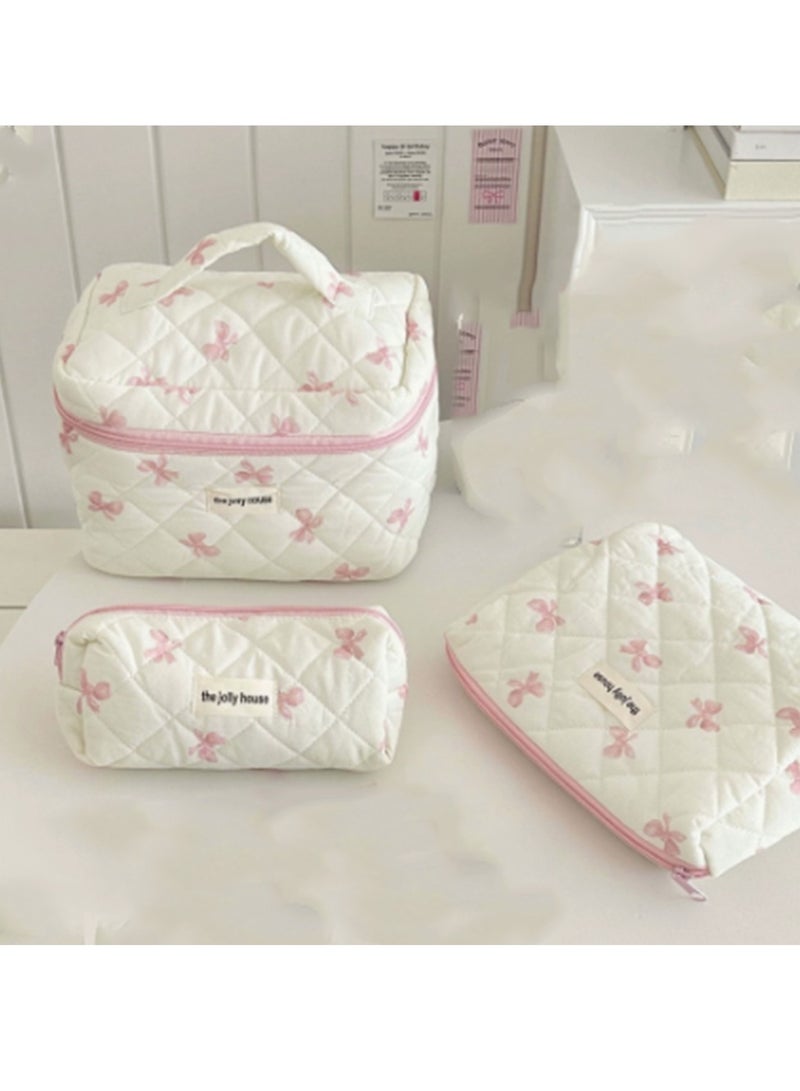 Arabest 3-Piece Large Quilted Makeup Bag for Women and Girls, Lovely Floral Cotton Cosmetic Bag, Aesthetic Travel Organized Toiletry Bags - Image 2
